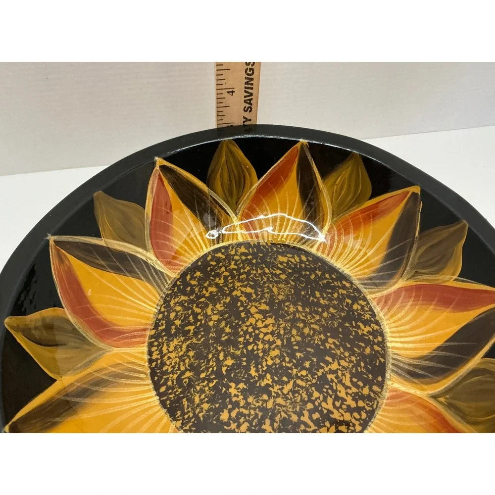 Vintage Sunflower Decorative Bowl Hand Painted Floral Glossy Black 11 Inch